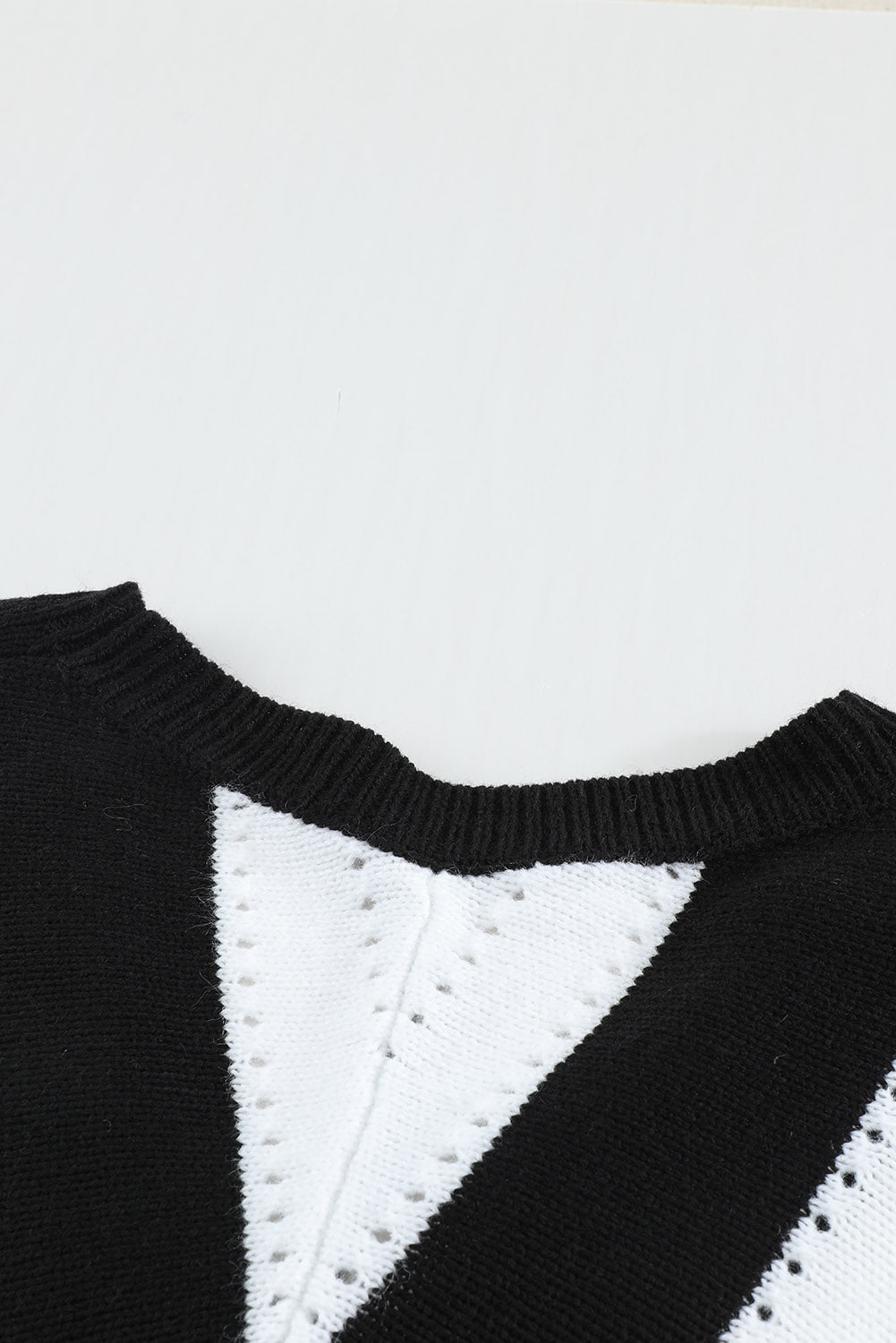 Black Striped Colorblock V Neck Knitted Sweater