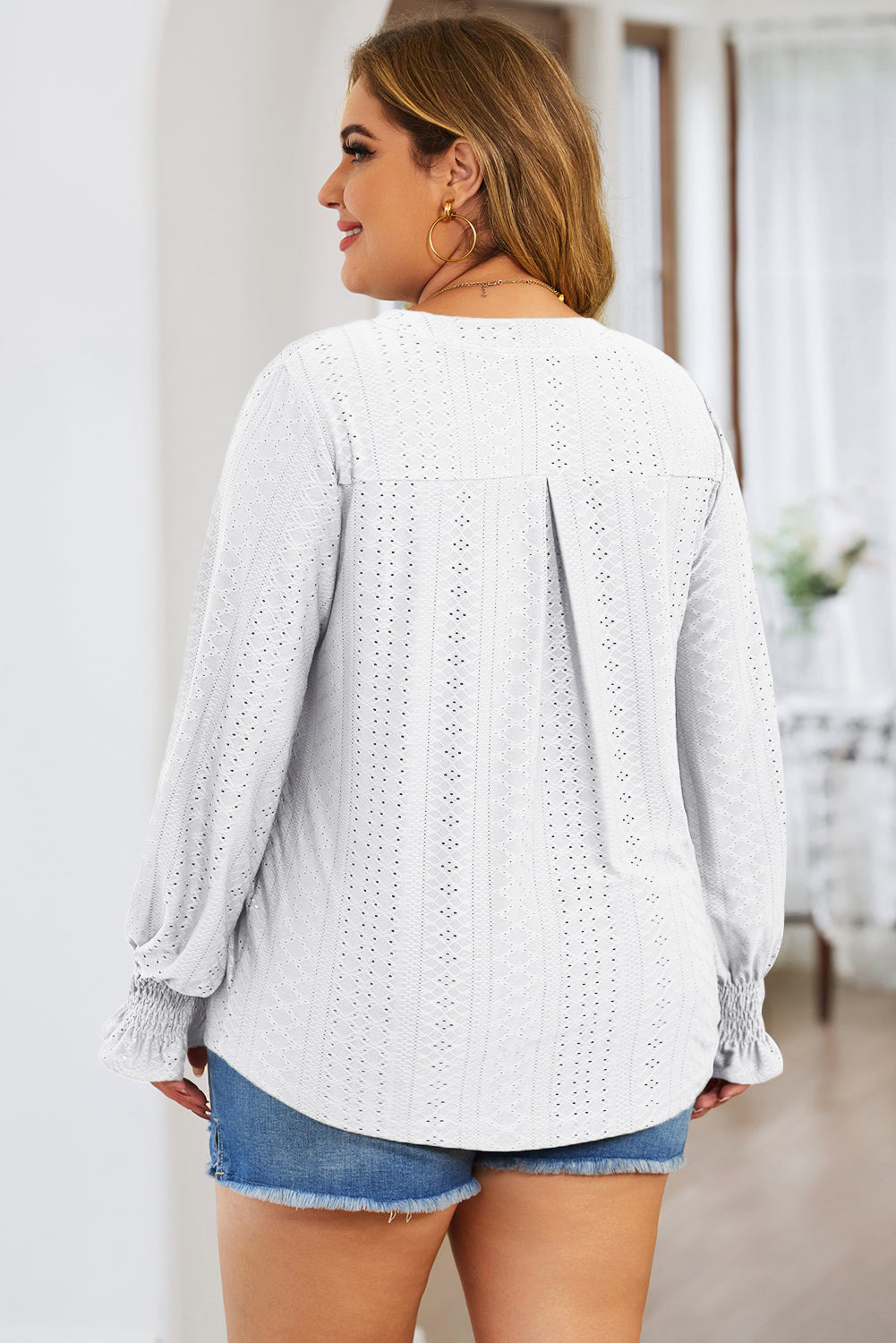 Plus Size Eyelet Notched Flounce Sleeve Blouse