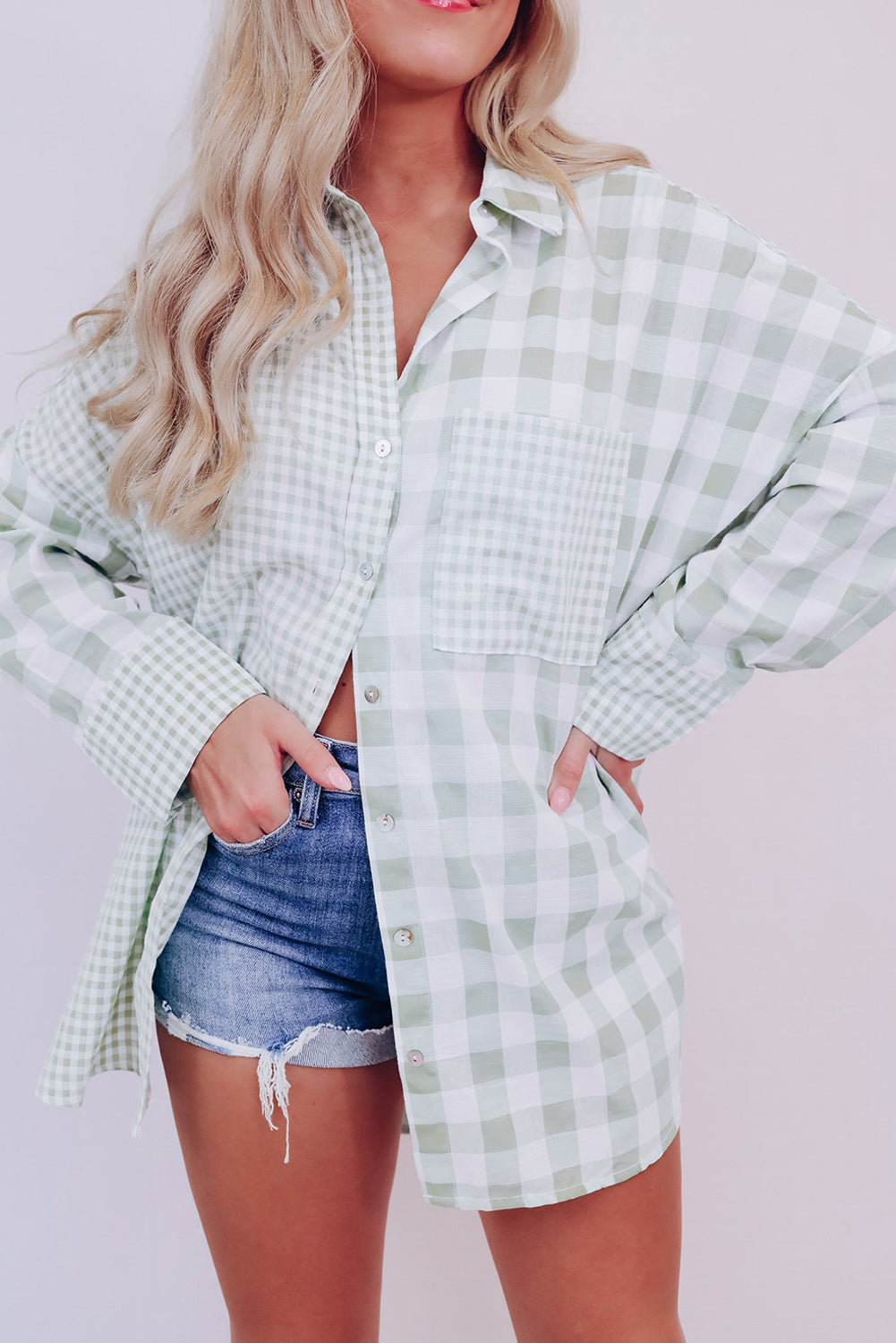 Sky Blue Mix Checked Patchwork Long Sleeve Shirt