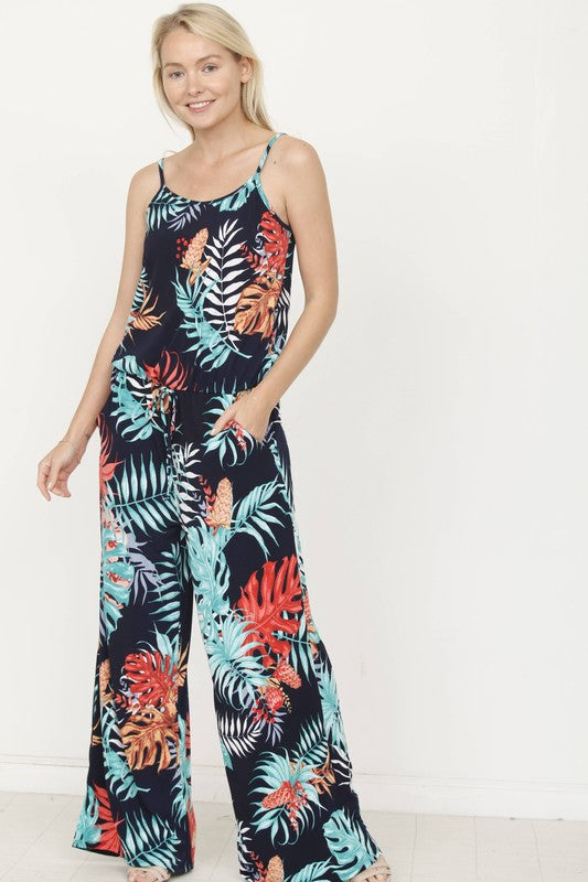 Plus Tropical Spaghetti Strap Jumpsuit