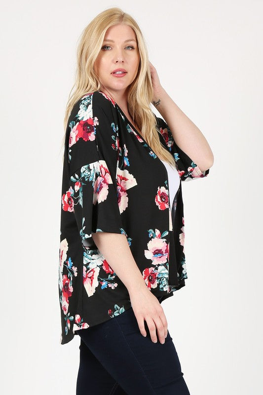 Plus Size Floral Short Sleeve Cardigan