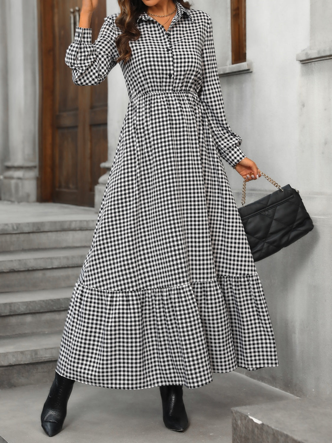 Honey Ruffle Hem Plaid Long Sleeve Dress