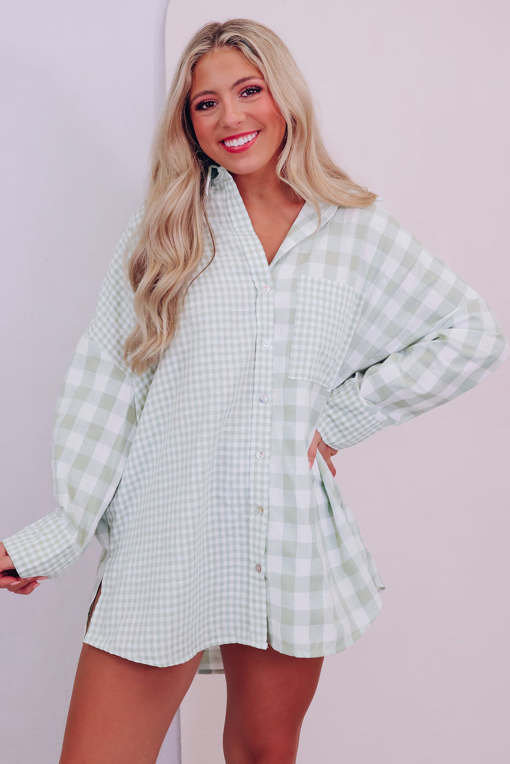 Sky Blue Mix Checked Patchwork Long Sleeve Shirt