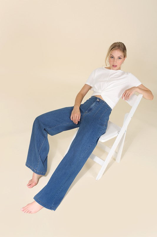 Flared high waist pin-tuck jeans