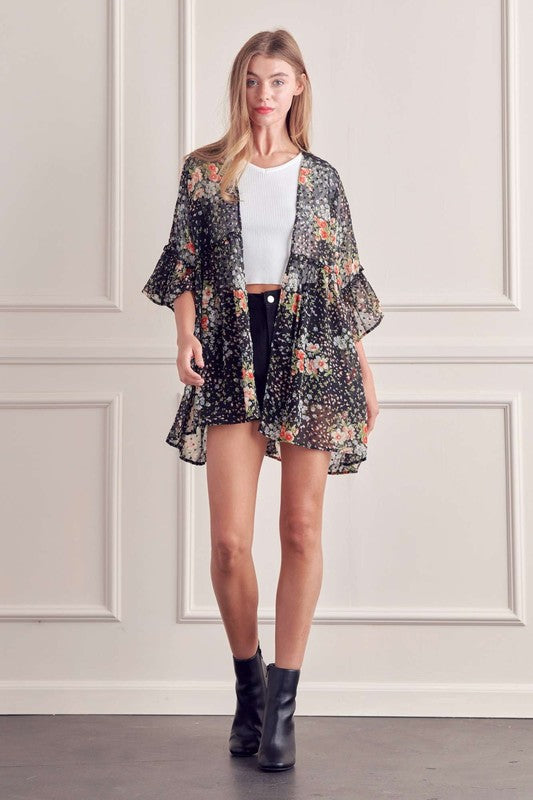 FLORAL PRINT RUFFLE SLEEVE KIMONO