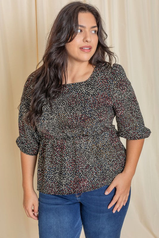 Plus Polka Dot Square Neck Peplum Top