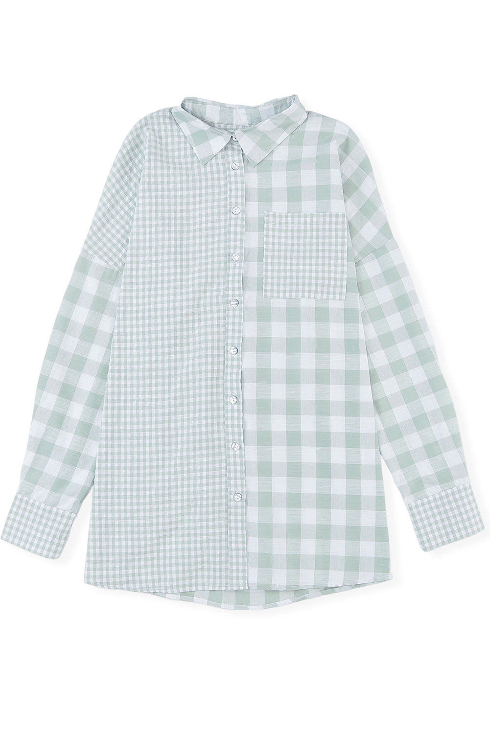 Sky Blue Mix Checked Patchwork Long Sleeve Shirt