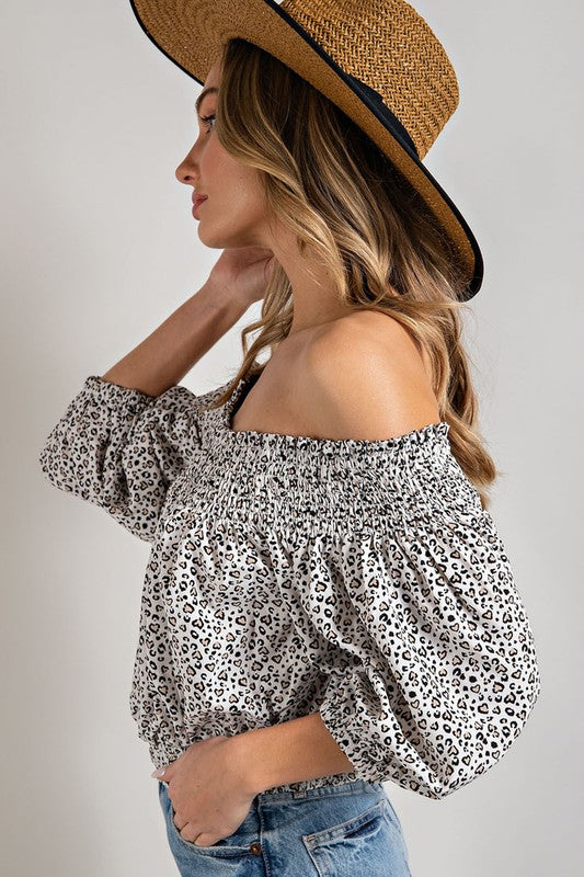 Animal Print Smocked Off the Shoulder Top