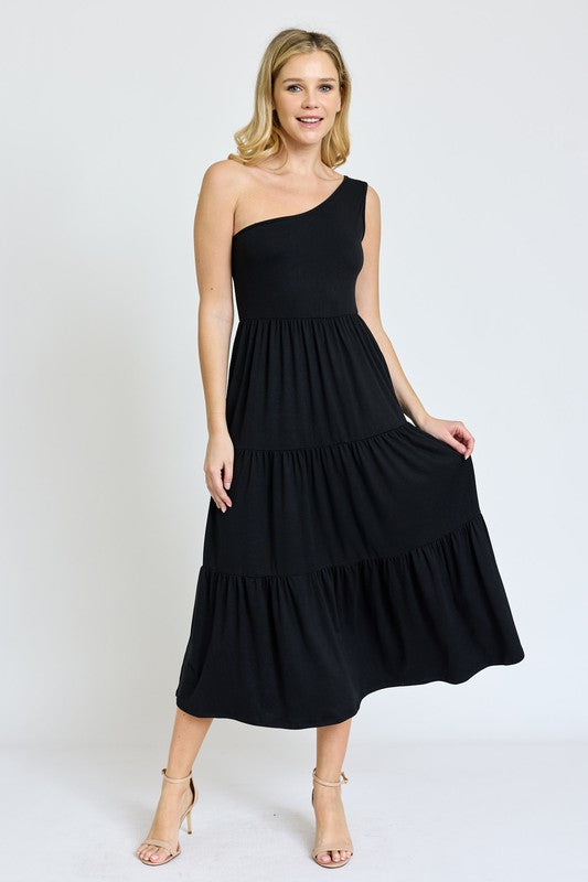 One Shoulder Ruffle Midi Dress