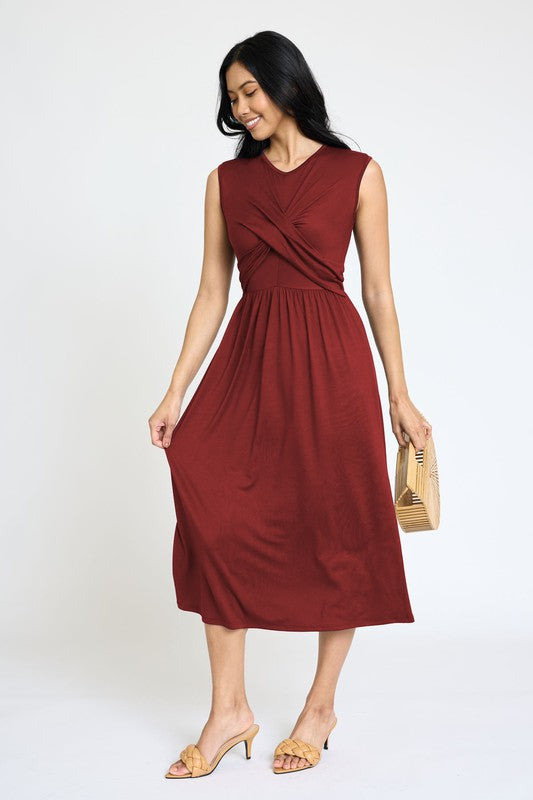 Sleeveless Cross-Over Bodice Midi Dress