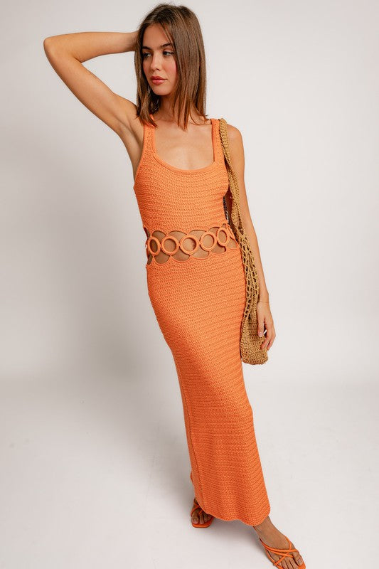 Square Neck Sleeveless Crochet Midi Dress