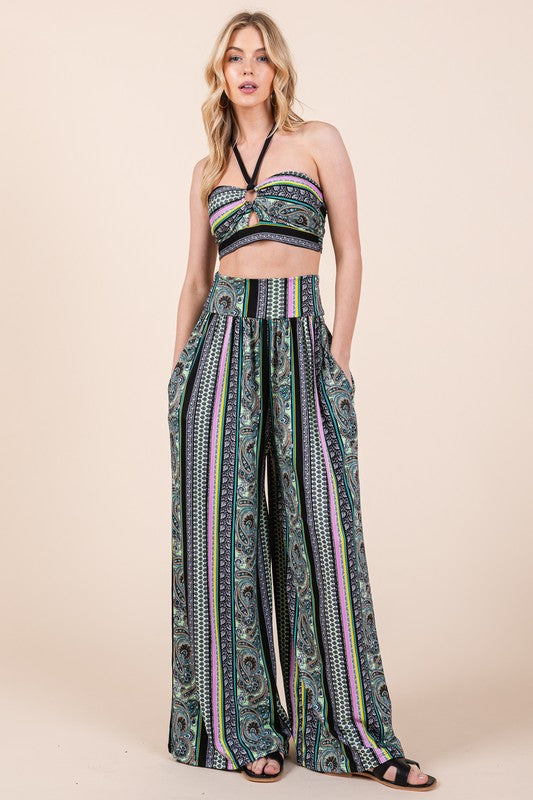 Halter Crop Top with Wide Leg Pants with Pockets