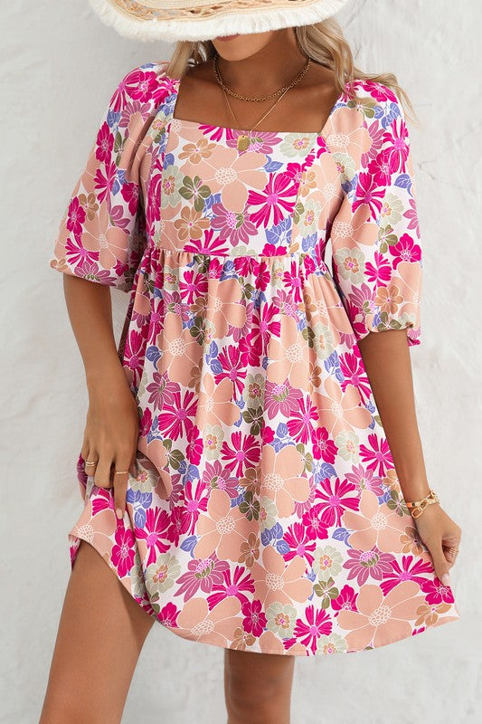 Floral Square Neck Puff Sleeve Babydoll Dress