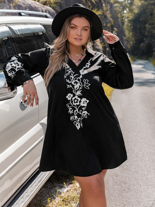 Plus Size Embroidered Long Sleeve Mini Dress