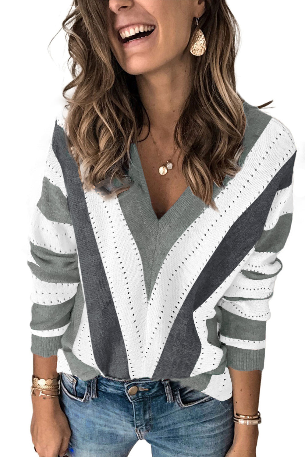 Black Striped Colorblock V Neck Knitted Sweater