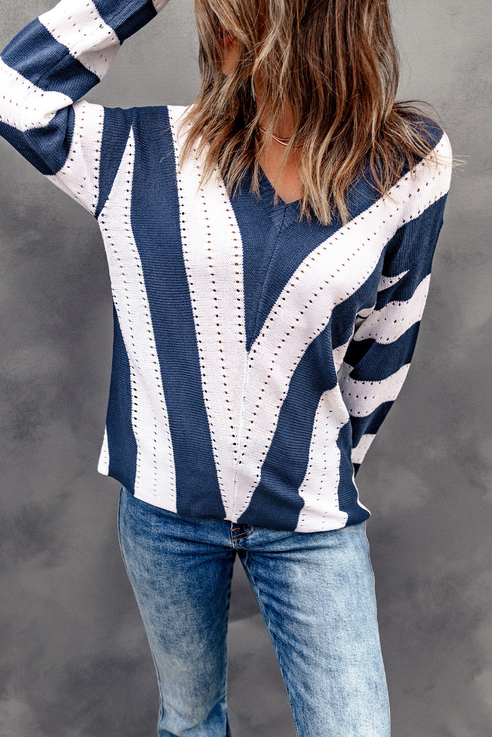 Black Striped Colorblock V Neck Knitted Sweater