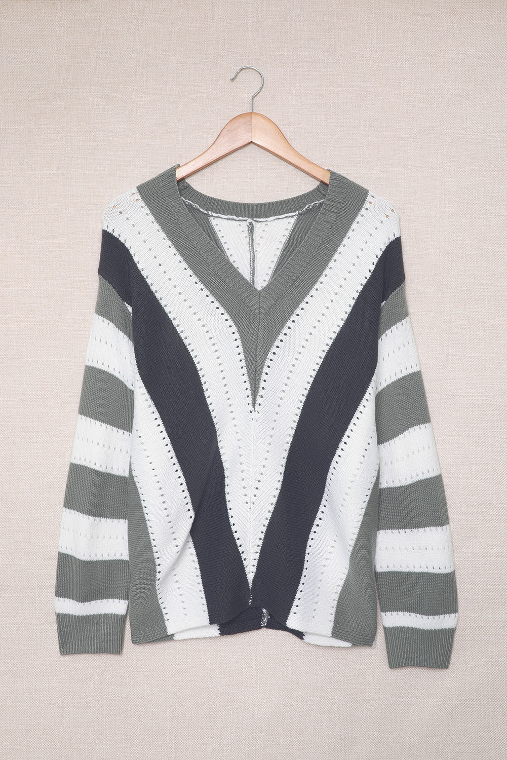 Black Striped Colorblock V Neck Knitted Sweater