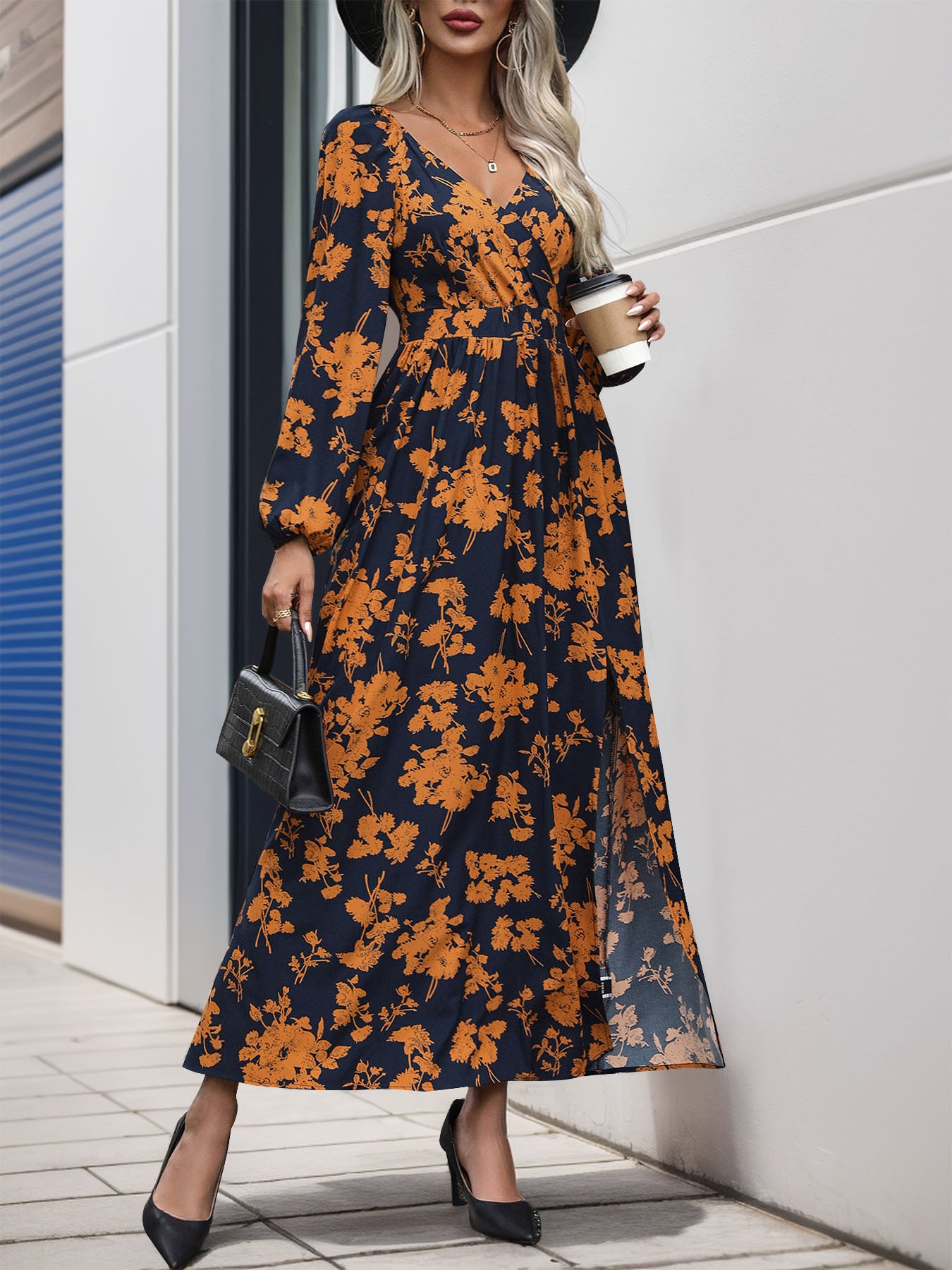 Perfee Split Printed Surplice Long Sleeve Midi Dress