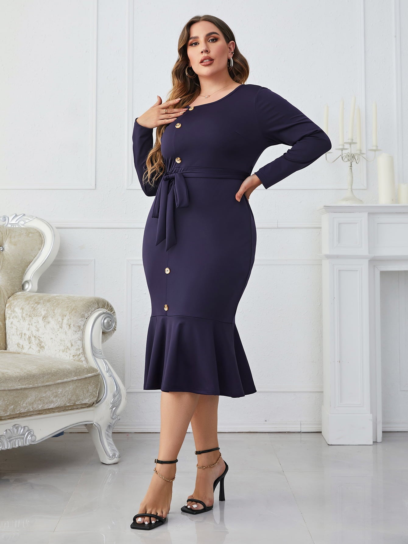 Honey Melo Apparel Plus Size Buttoned Round Neck Tie Belt Midi Dress