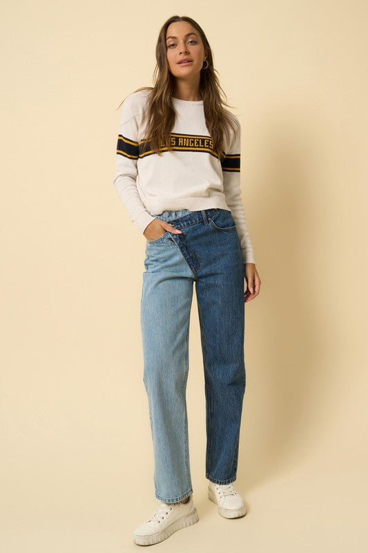 HIGH WAISTED CROSSOVER STRAIGHT JEANS