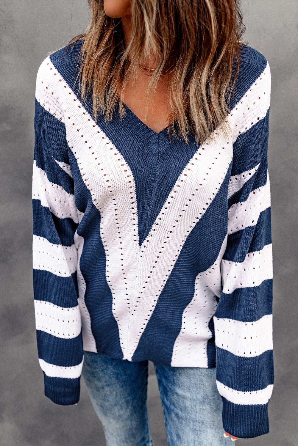 Black Striped Colorblock V Neck Knitted Sweater