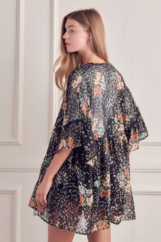 FLORAL PRINT RUFFLE SLEEVE KIMONO