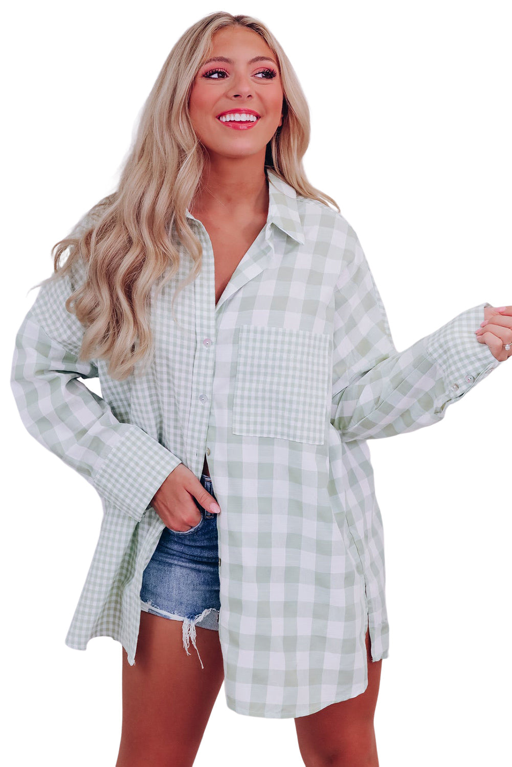 Sky Blue Mix Checked Patchwork Long Sleeve Shirt