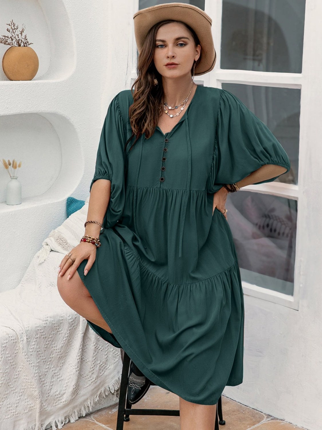 Plus Size Tie Neck Balloon Sleeve Midi Dress