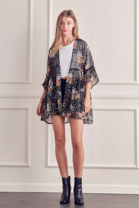 FLORAL PRINT RUFFLE SLEEVE KIMONO