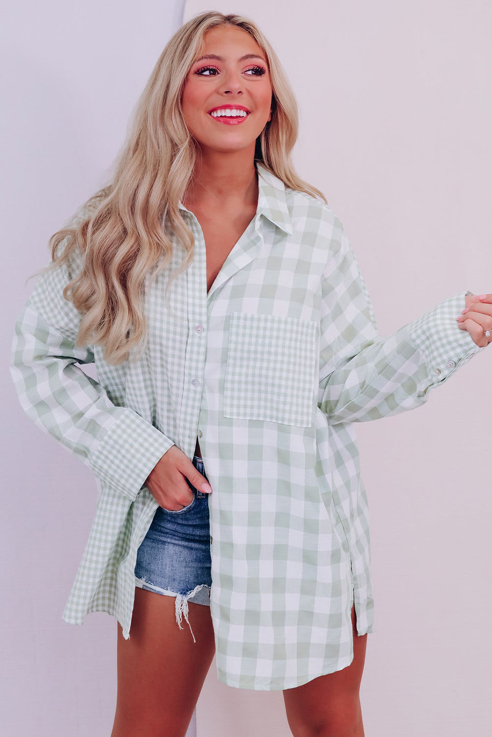 Sky Blue Mix Checked Patchwork Long Sleeve Shirt