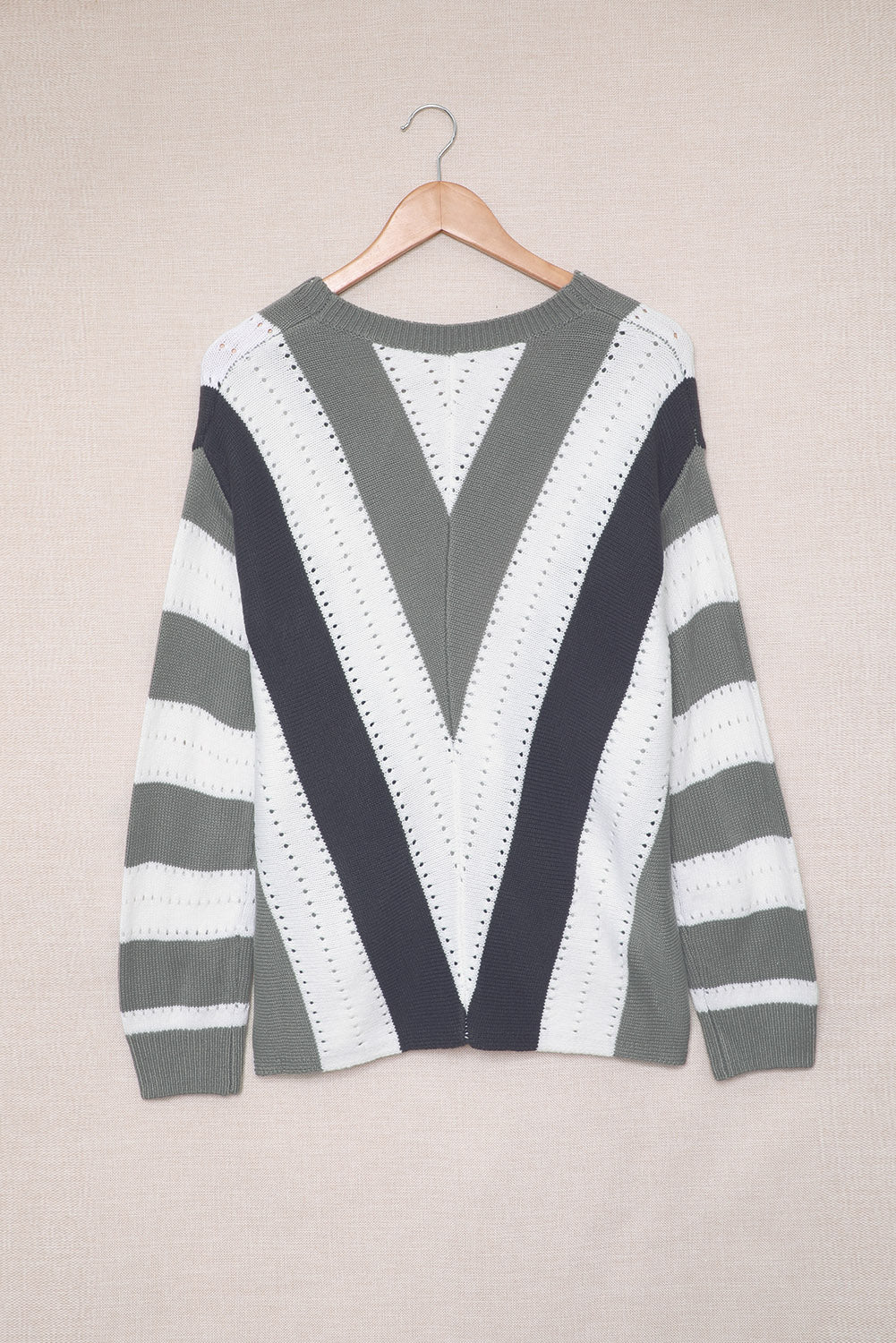 Black Striped Colorblock V Neck Knitted Sweater