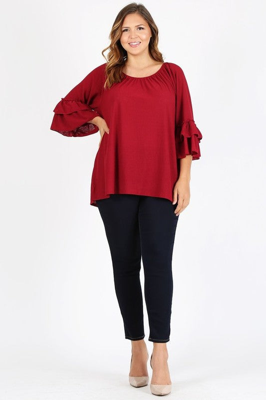 Knit 3/4 Sleeve Double Layer Ruffle Sleeve Top