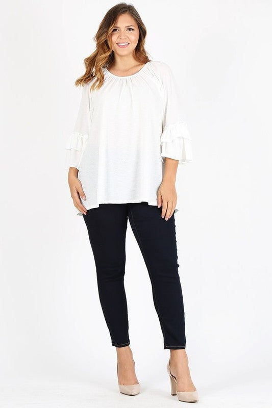 Knit 3/4 Sleeve Double Layer Ruffle Sleeve Top