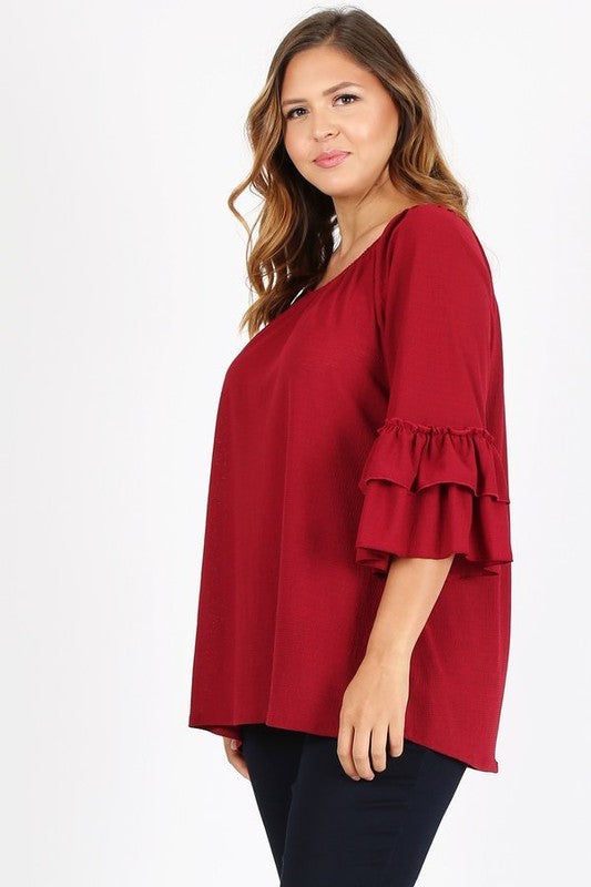 Knit 3/4 Sleeve Double Layer Ruffle Sleeve Top