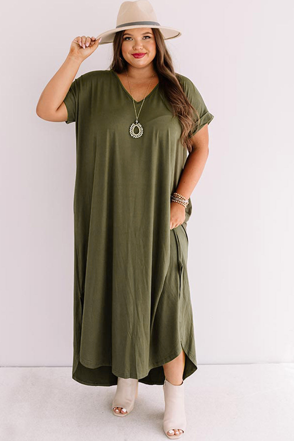 Black Plus Size V Neck Rolled Cuffs Maxi Dress