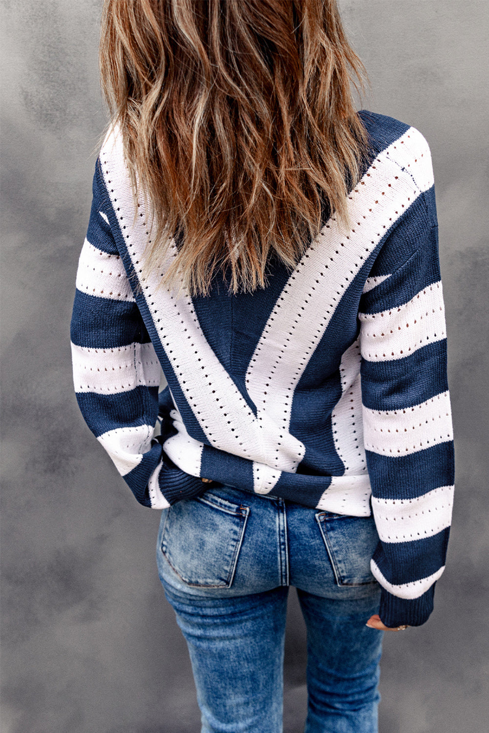 Black Striped Colorblock V Neck Knitted Sweater