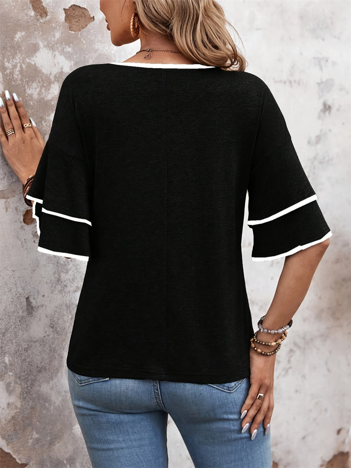 Contrast Trim V-Neck Half Sleeve Blouse