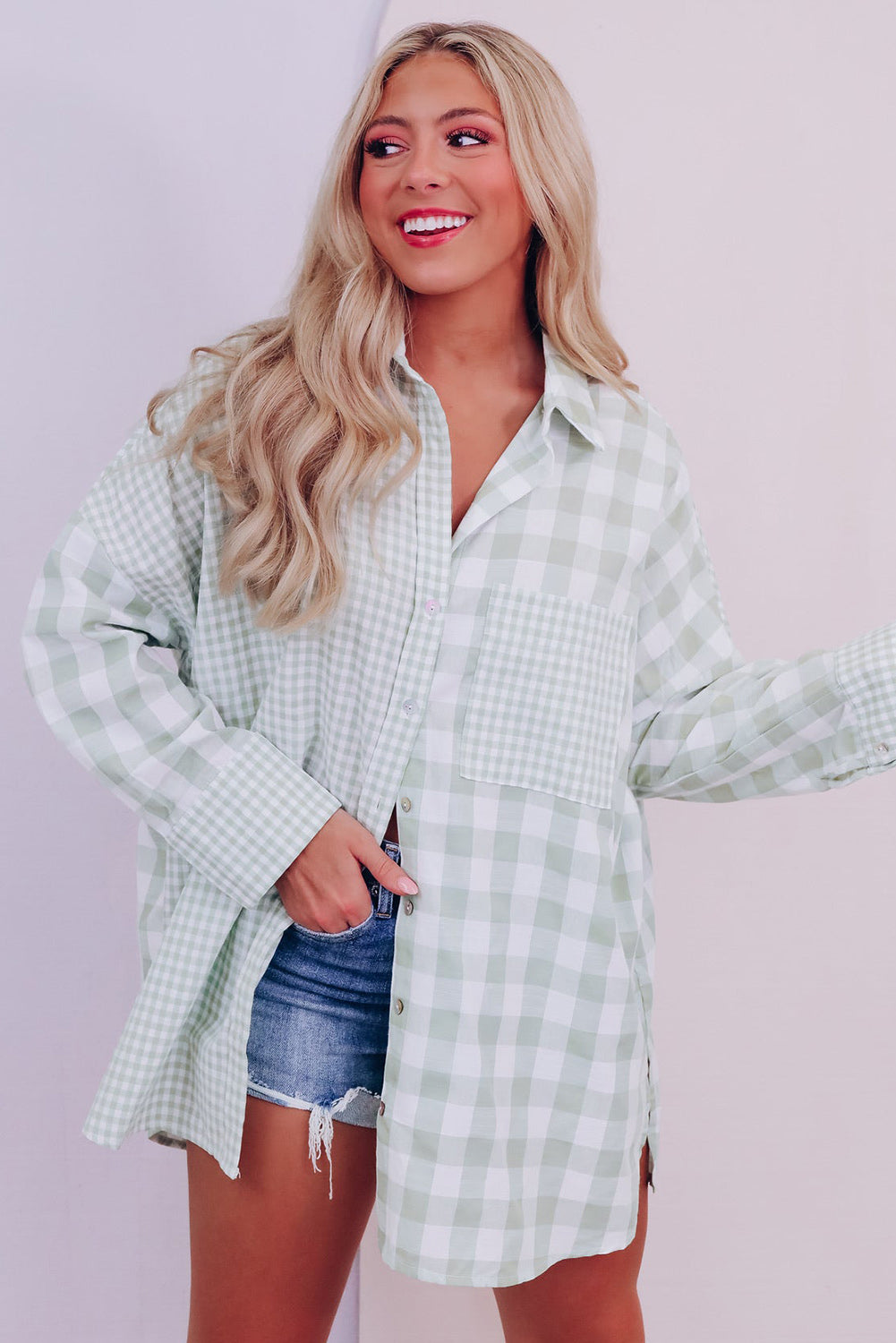 Sky Blue Mix Checked Patchwork Long Sleeve Shirt