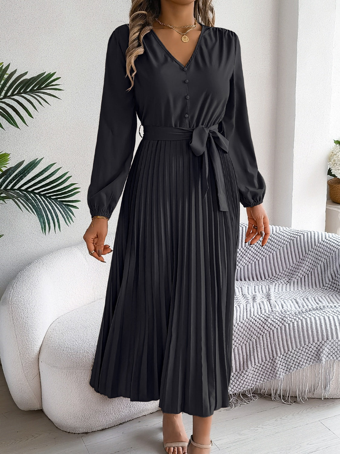 Pleated Tied V-Neck Long Sleeve Dress