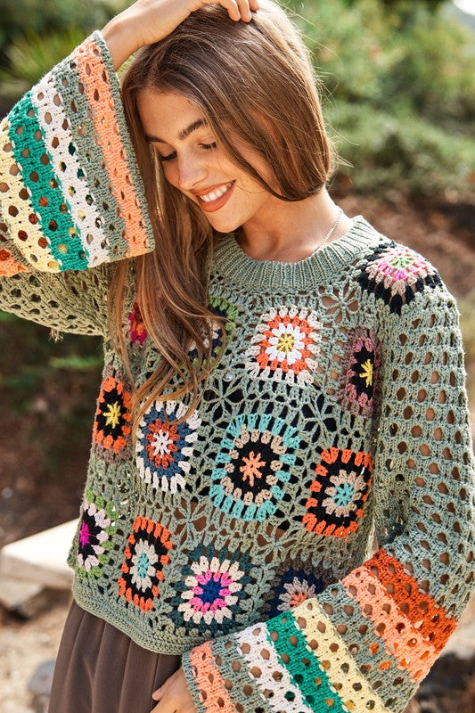 Floral Crochet Striped Sleeve Cropped Knit Sweater