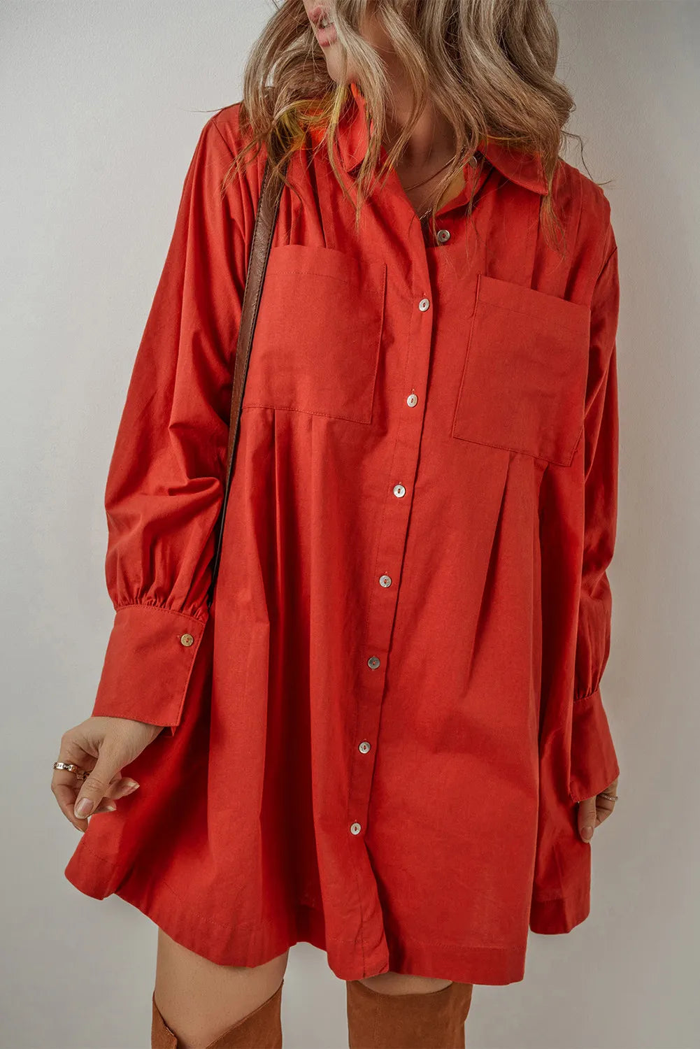 Pocketed Button Down Long Sleeve Shirt Dress