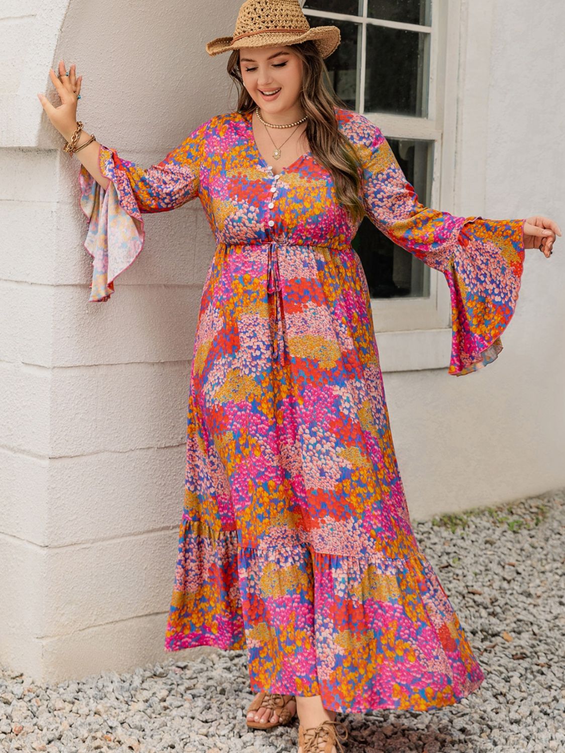 Plus Size Printed V-Neck Long Sleeve Maxi Dress