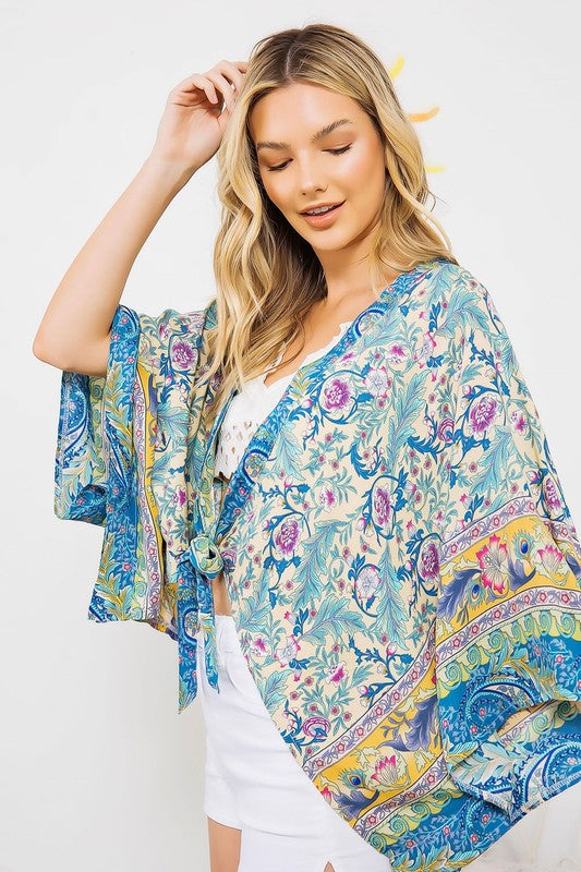 LIGHT WOVEN SQUARED OPEN KIMONO CARDIGAN WITH TIE