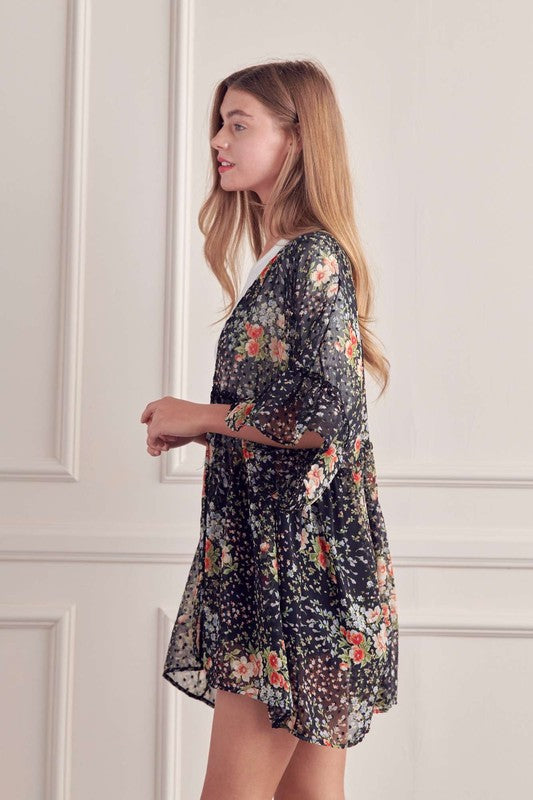 FLORAL PRINT RUFFLE SLEEVE KIMONO