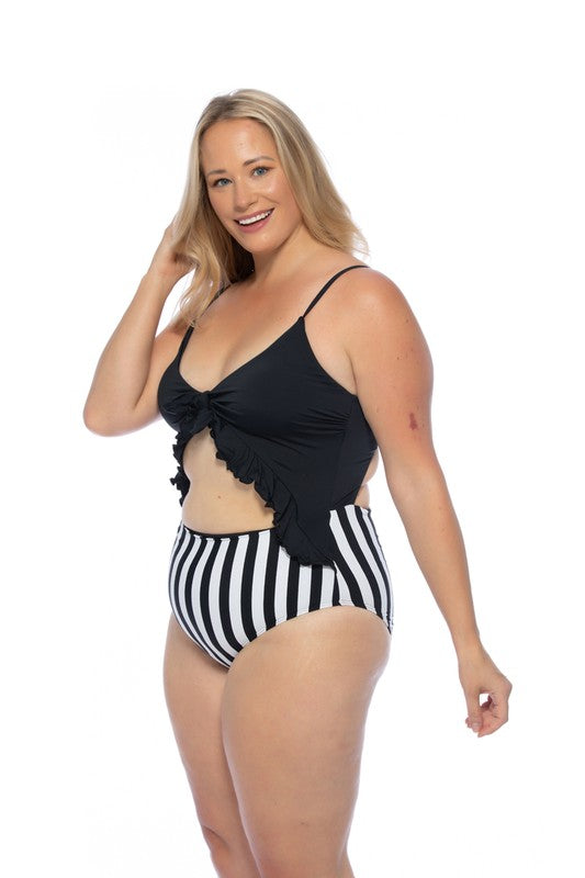 BLACK AND STRIPED CUTOUT ONE PIECE SWIMSUIT