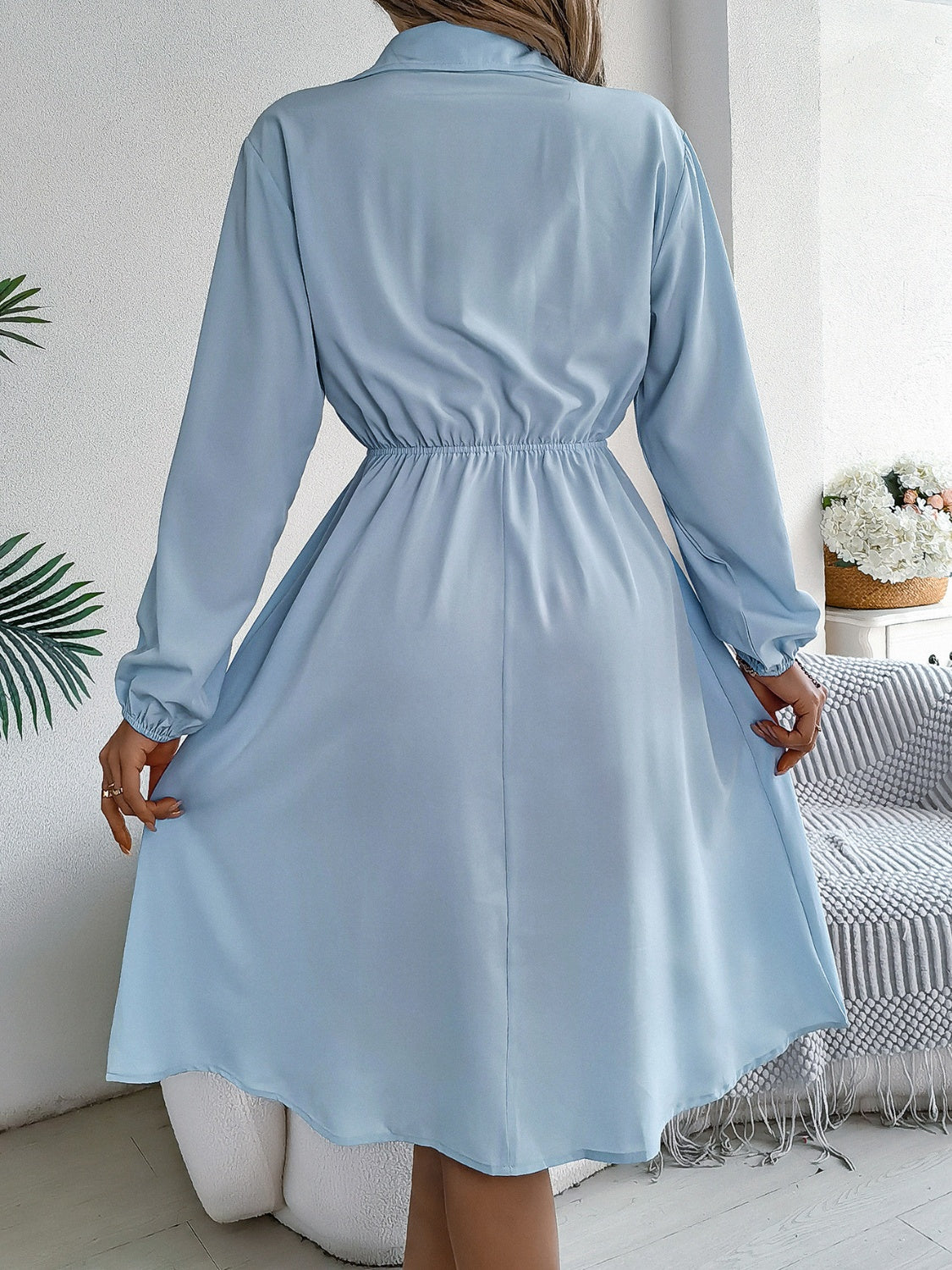 Collared Neck Long Sleeve Dress with Pockets