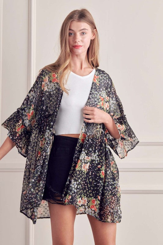 FLORAL PRINT RUFFLE SLEEVE KIMONO