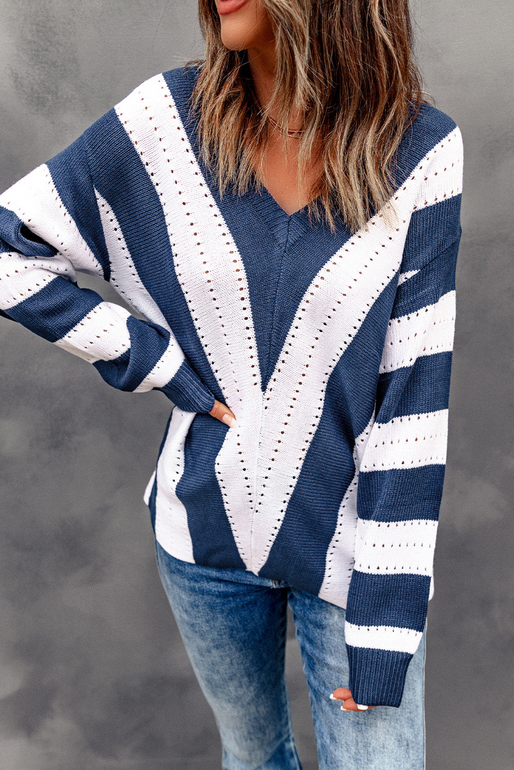 Black Striped Colorblock V Neck Knitted Sweater