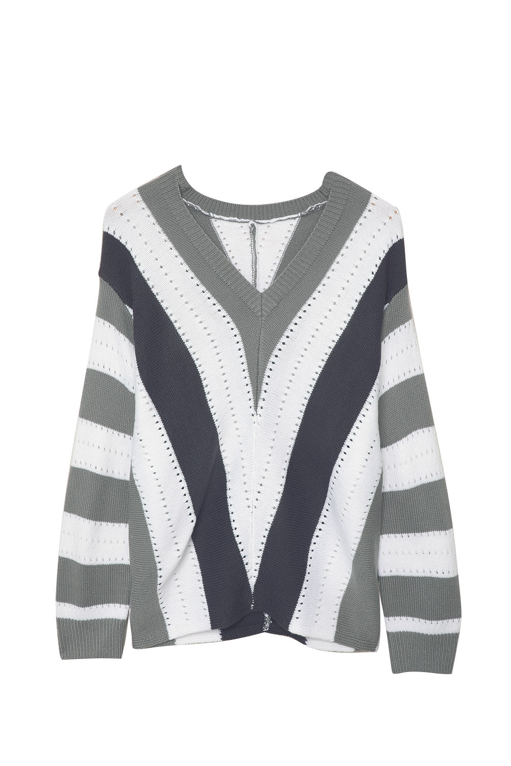 Black Striped Colorblock V Neck Knitted Sweater